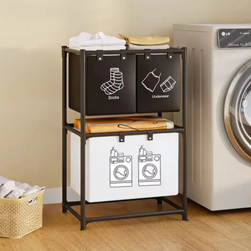 Raft pentru baie cu cos de rufe, doua straturi, cadru de otel inoxidabil, 97x28x57 cm, negru