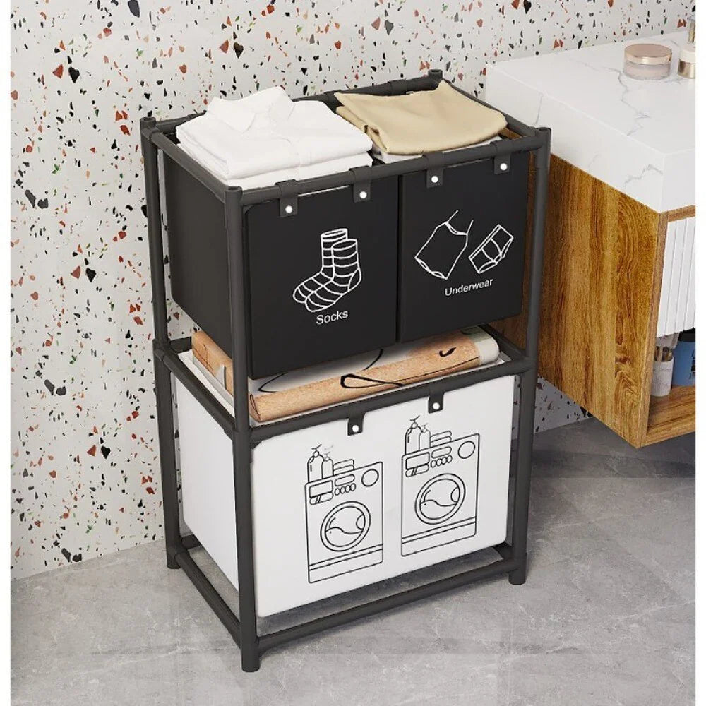 Raft pentru baie cu cos de rufe, doua straturi, cadru de otel inoxidabil, 97x28x57 cm, negru