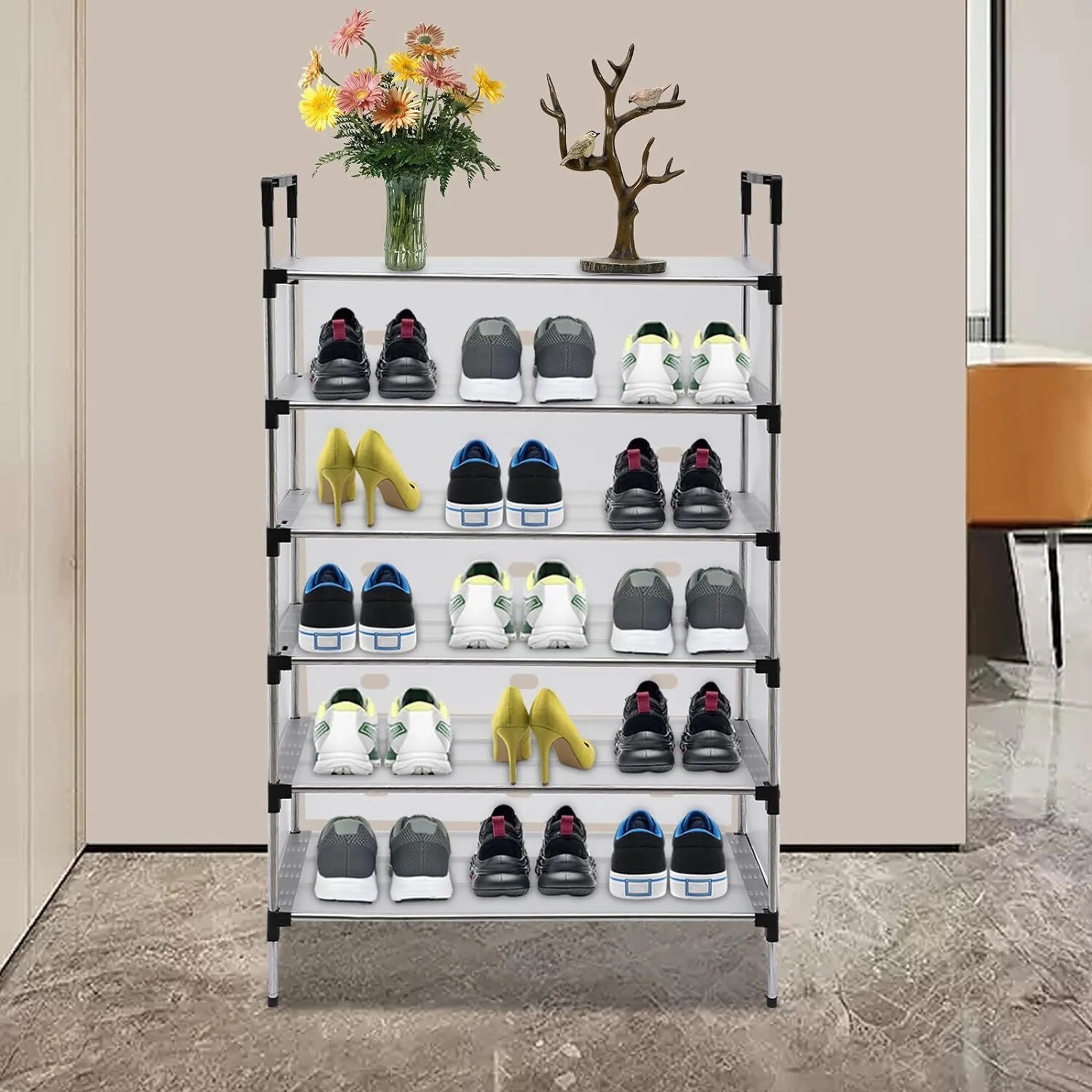 Raft pliabil pentru pantofi cu 5 Niveluri, design modern, stabil și multifuncțional – Alb, 60x28x110 cm