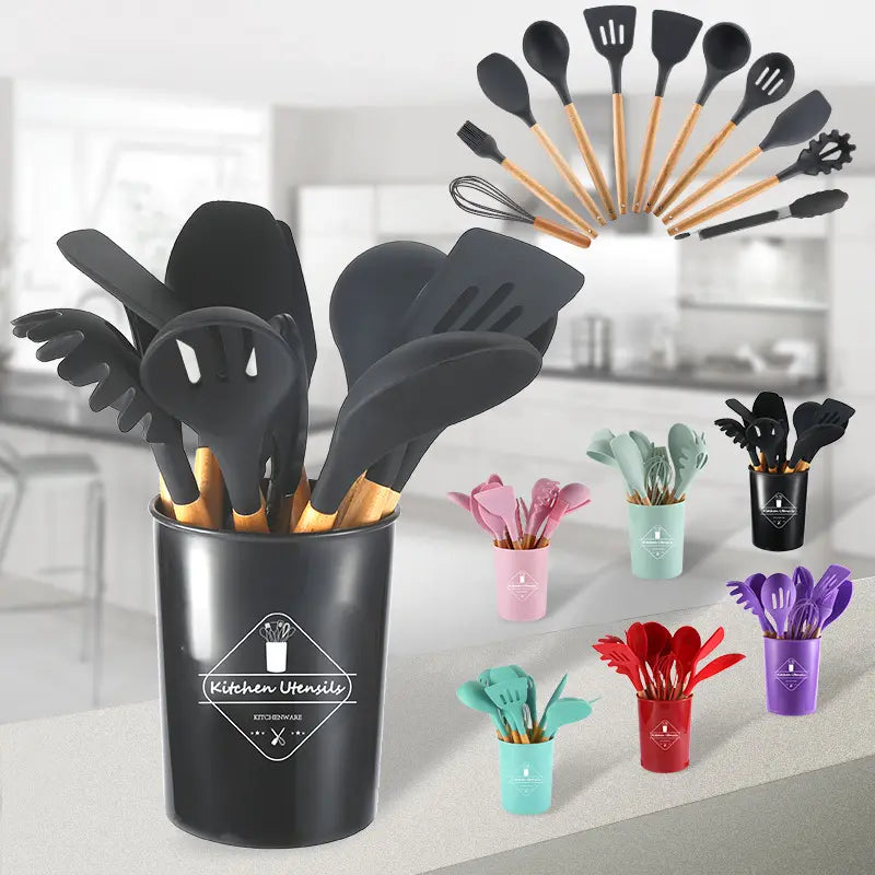 Set 12 ustensile de gatit din silicon, maner rezistent din bambus