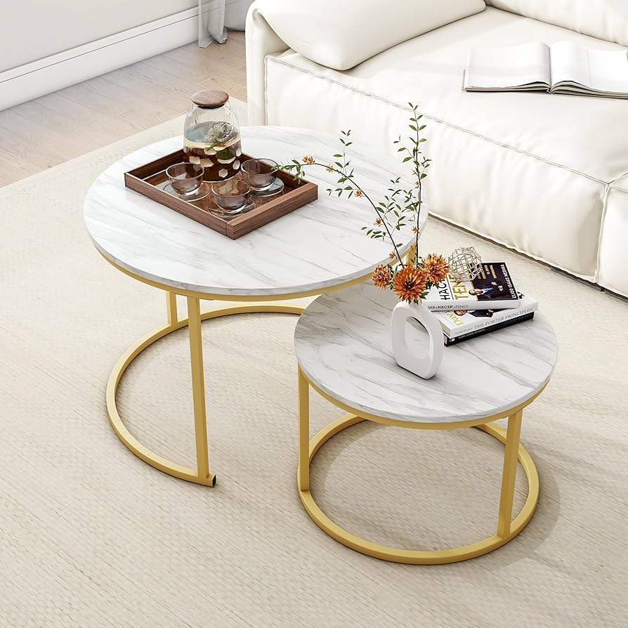 Set 2 masute rotunde de cafea cu efect de marmura, blat MDF, cadru metalic auriu, 70x45 cm si 50x38 cm