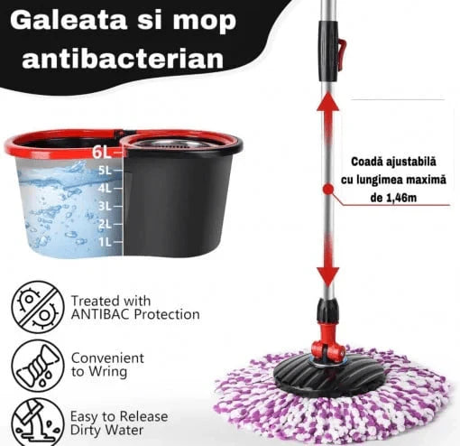 Set Mop Magic Rotativ 360° cu Talpa și Cuvă din Inox, 4 Rezerve Diferite + Perie Rosturi, Covoare Incluse