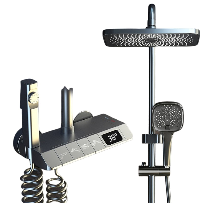 Set de dus cu para dreptunghiulara, afisaj digital, montare perete, 4 functii de curgere a apei, dus tip ploaie, dus de mana, design modern, sistem de dus, crom