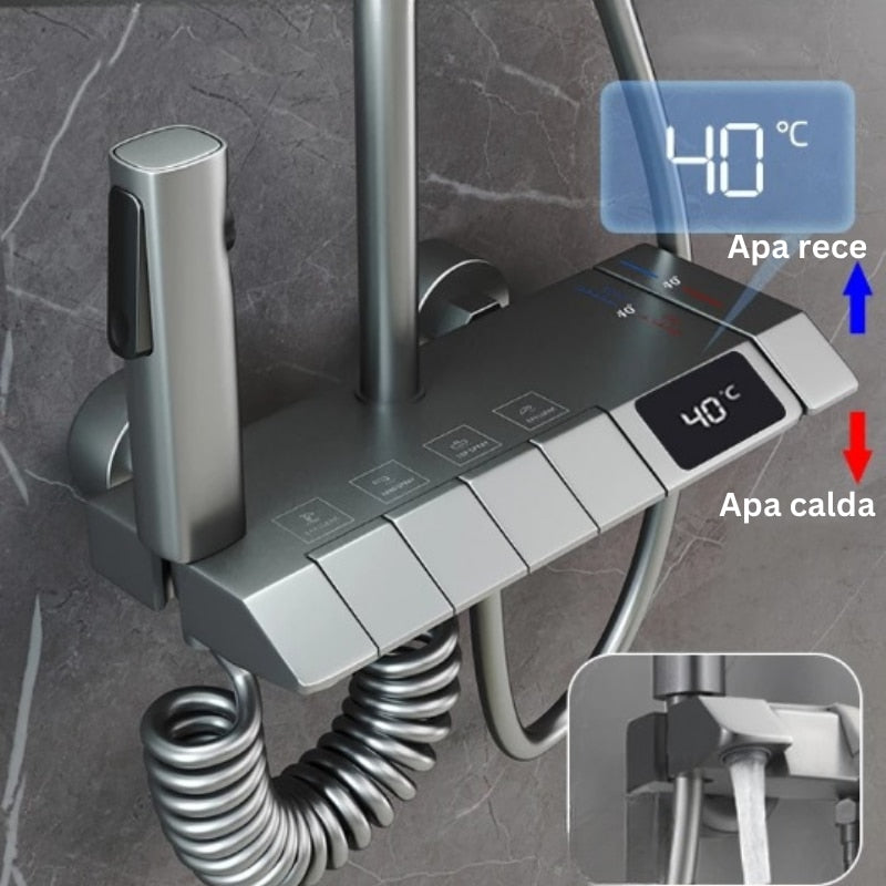 Set de dus cu para dreptunghiulara, afisaj digital, montare perete, 4 functii de curgere a apei, dus tip ploaie, dus de mana, design modern, sistem de dus, crom