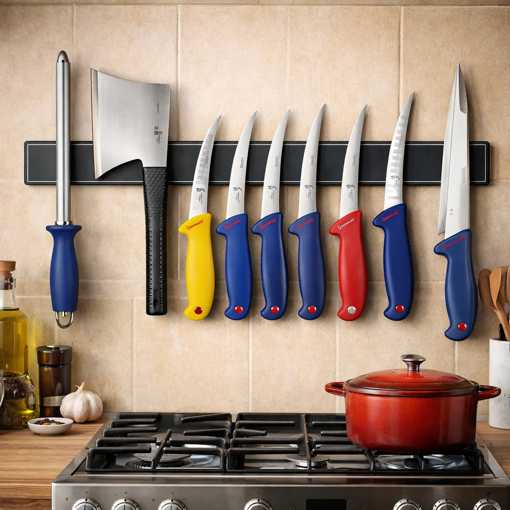 Set macelarie 8 piese inox | 6 cutite | masat | toporisca | manere ergonomice | profesional