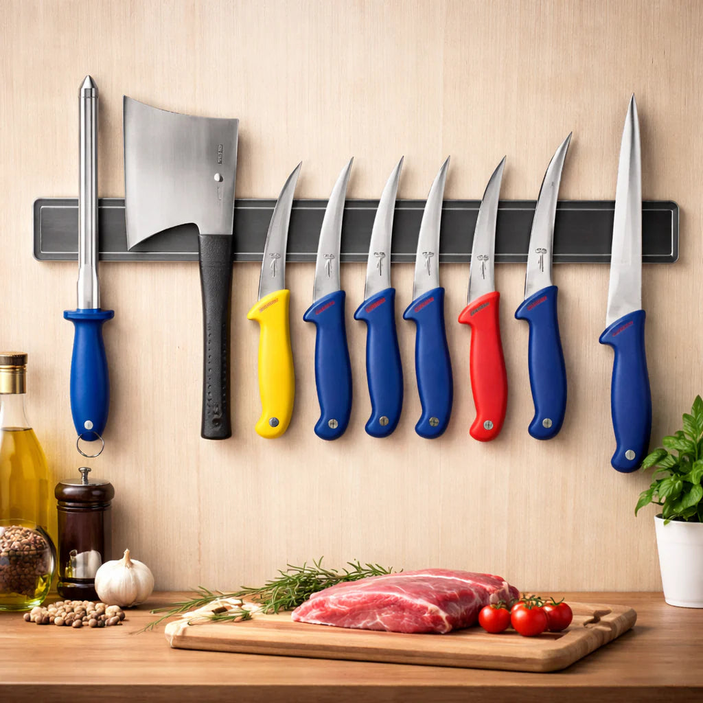 Set macelarie 8 piese inox | 6 cutite | masat | toporisca | manere ergonomice | profesional