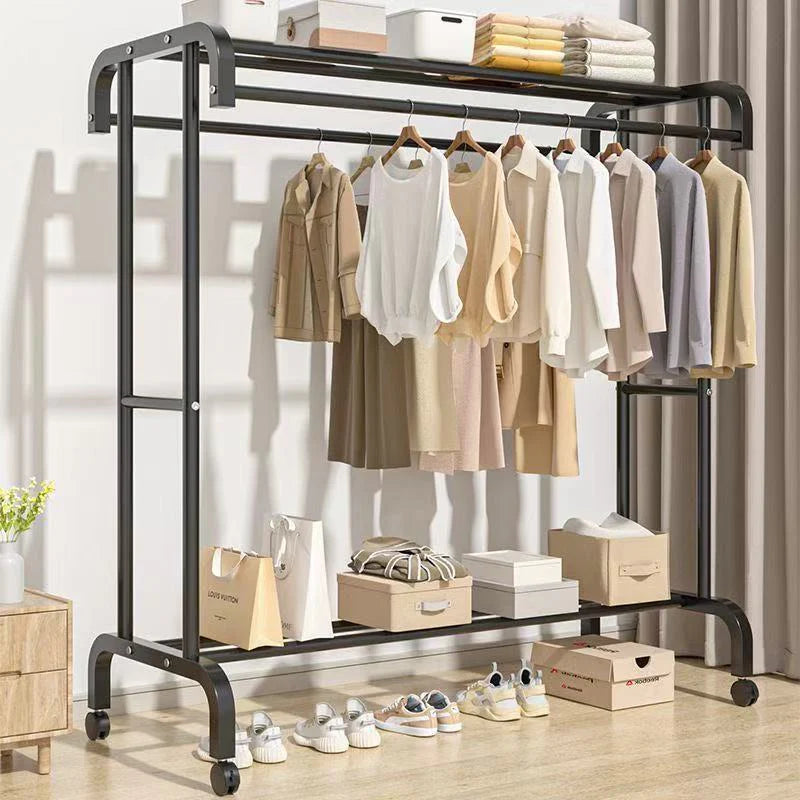 Suport dublu de umerase pentru haine, cu 1 suport de pantofi, din metal, cu raft depozitare deasupra – 50KG greutate maxima, 150x120x48cm