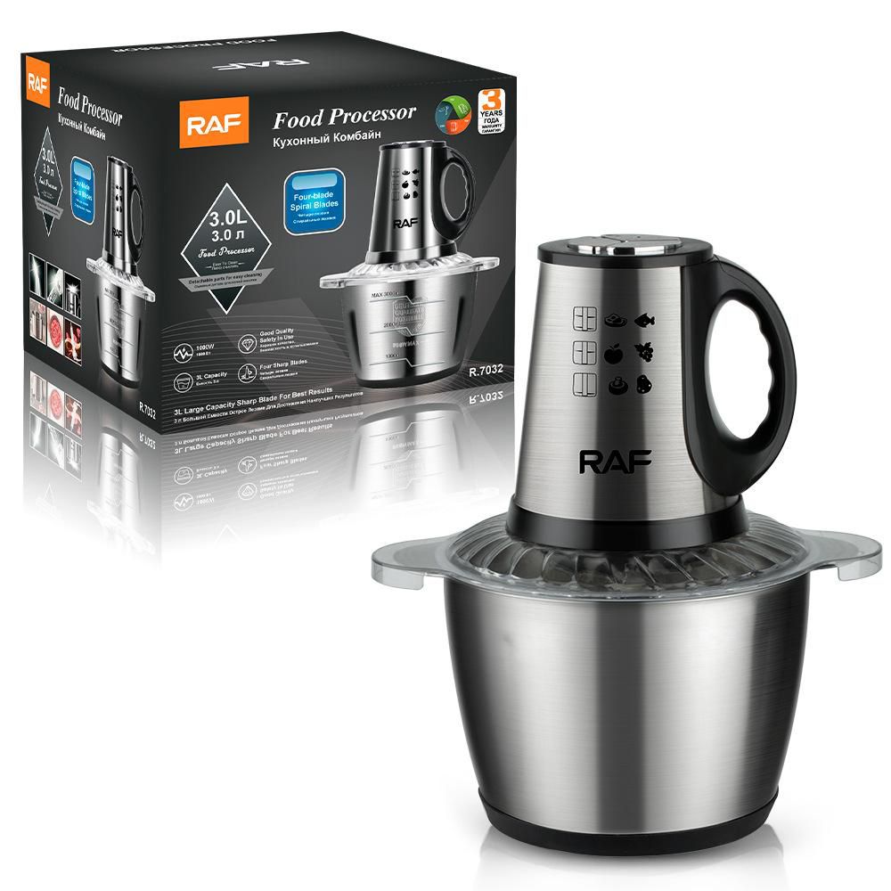 Tocator Electric Multifunctional RAF 1000W, Bol Inox 3L, 4 Lame Duble Otel Inoxidabil, 2 Trepte Viteza, Tocare Carne, Legume, Fructe, Mixare Rapida, Preparare Mancare Bebelusi, Motor Puternic, Design Stabil