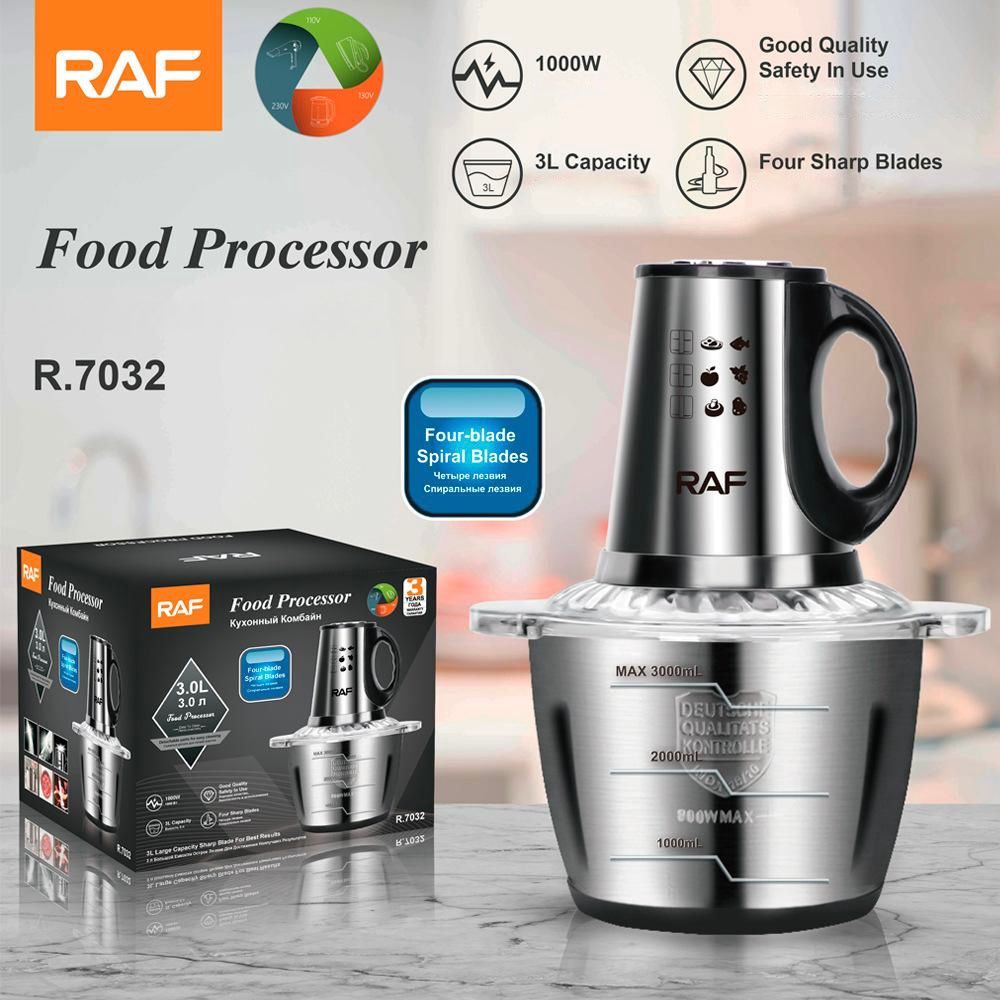 Tocator Electric Multifunctional RAF 1000W, Bol Inox 3L, 4 Lame Duble Otel Inoxidabil, 2 Trepte Viteza, Tocare Carne, Legume, Fructe, Mixare Rapida, Preparare Mancare Bebelusi, Motor Puternic, Design Stabil