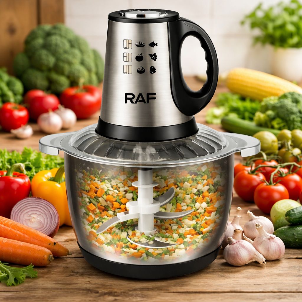 Tocator Electric Multifunctional RAF 1000W, Bol Inox 3L, 4 Lame Duble Otel Inoxidabil, 2 Trepte Viteza, Tocare Carne, Legume, Fructe, Mixare Rapida, Preparare Mancare Bebelusi, Motor Puternic, Design Stabil