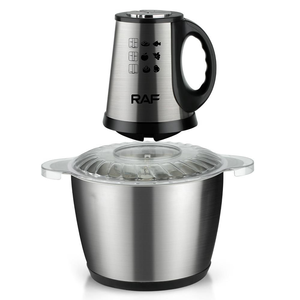 Tocator Electric Multifunctional RAF 1000W, Bol Inox 3L, 4 Lame Duble Otel Inoxidabil, 2 Trepte Viteza, Tocare Carne, Legume, Fructe, Mixare Rapida, Preparare Mancare Bebelusi, Motor Puternic, Design Stabil