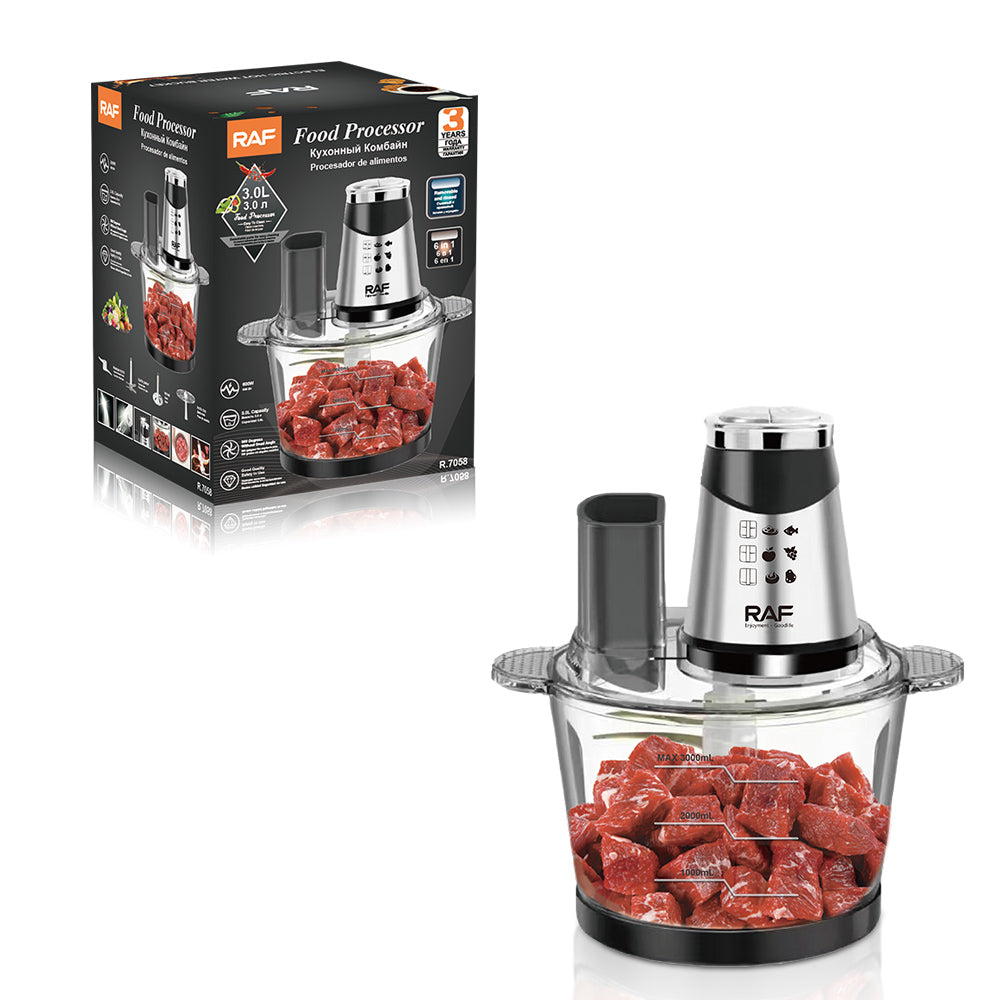 Tocator Electric Multifunctional RAF 3L 600W, 6 in 1 Food Processor, Robot Bucatarie cu Accesorii, 4 Lame Inox, 2 Viteze, Bol Transparent, Maruntire Carne, Legume, Fructe, Nuci, Aparat Bucatarie Complet