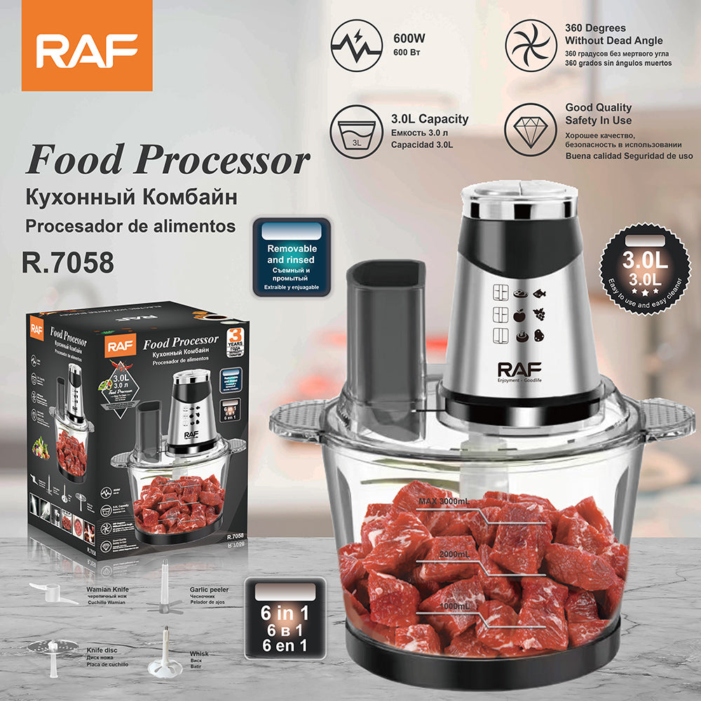 Tocator Electric Multifunctional RAF 3L 600W, 6 in 1 Food Processor, Robot Bucatarie cu Accesorii, 4 Lame Inox, 2 Viteze, Bol Transparent, Maruntire Carne, Legume, Fructe, Nuci, Aparat Bucatarie Complet