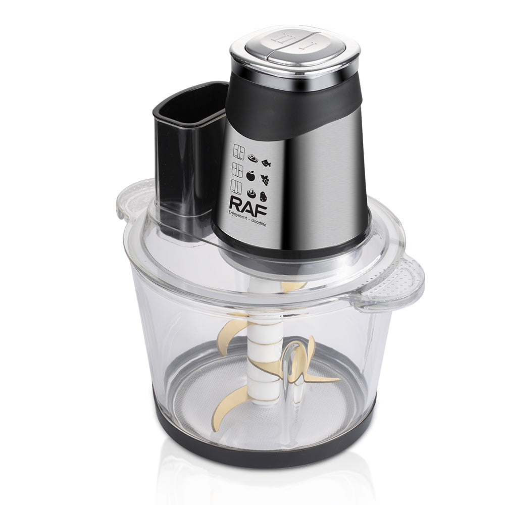 Tocator Electric Multifunctional RAF 3L 600W, 6 in 1 Food Processor, Robot Bucatarie cu Accesorii, 4 Lame Inox, 2 Viteze, Bol Transparent, Maruntire Carne, Legume, Fructe, Nuci, Aparat Bucatarie Complet