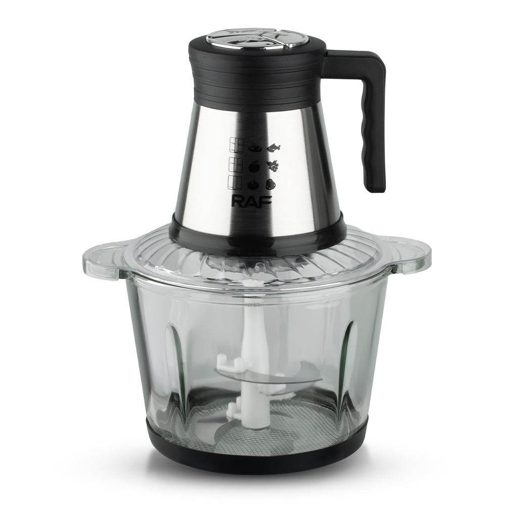 Tocator Electric Multifunctional RAF R.7037, 800W, Bol Sticla 3L, 4 Lame Inox, 2 Viteze, Robot Bucatarie pentru Tocare Carne, Legume si Fructe, Puternic, Compact, Usor de Curatat