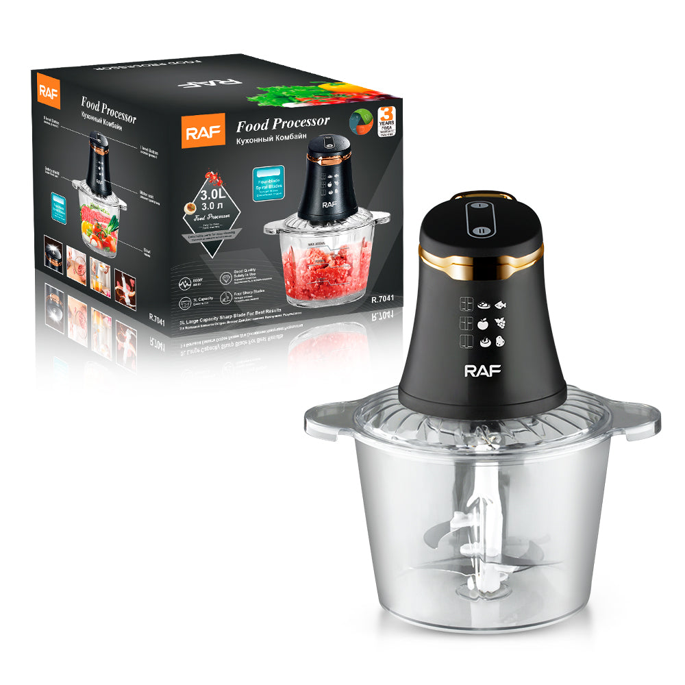 Tocator Electric Profesional RAF 3L 800W, Food Processor Compact si Puternic, Chopper Bucatarie cu 4 Lame Inox, 2 Trepte Viteza, Bol Transparent Rezistent, Robot Bucatarie pentru Carne, Legume, Fructe, Nuci, Uz Casnic