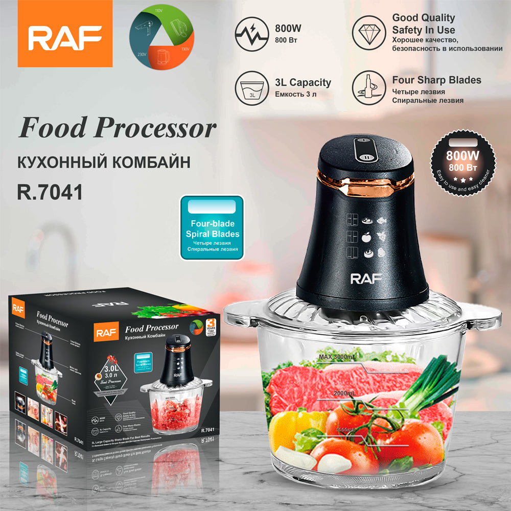 Tocator Electric Profesional RAF 3L 800W, Food Processor Compact si Puternic, Chopper Bucatarie cu 4 Lame Inox, 2 Trepte Viteza, Bol Transparent Rezistent, Robot Bucatarie pentru Carne, Legume, Fructe, Nuci, Uz Casnic