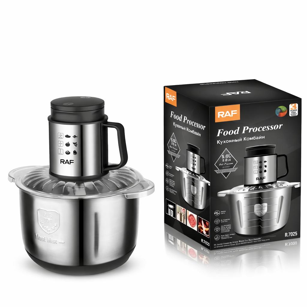 Tocator Electric RAF R.7025, 1000W, Bol Inox 5L, 2 Viteze, Lame Duble Otel Inoxidabil, Multifunctional Tocare Carne si Legume, Razuire Branza, Feliere, Maruntire Rapida, Putere Mare, Usor de Curatat, Design Profesional Bucatarie