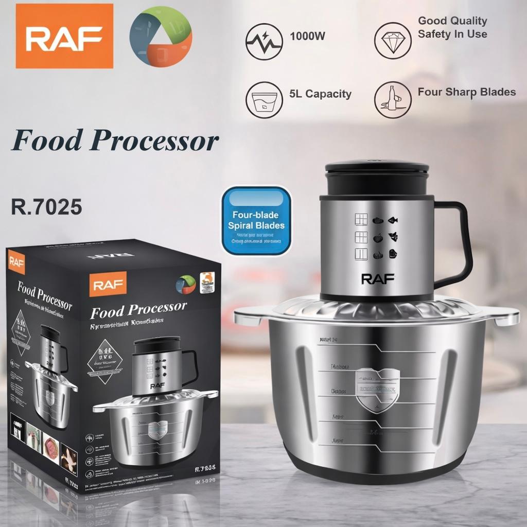 Tocator Electric RAF R.7025, 1000W, Bol Inox 5L, 2 Viteze, Lame Duble Otel Inoxidabil, Multifunctional Tocare Carne si Legume, Razuire Branza, Feliere, Maruntire Rapida, Putere Mare, Usor de Curatat, Design Profesional Bucatarie