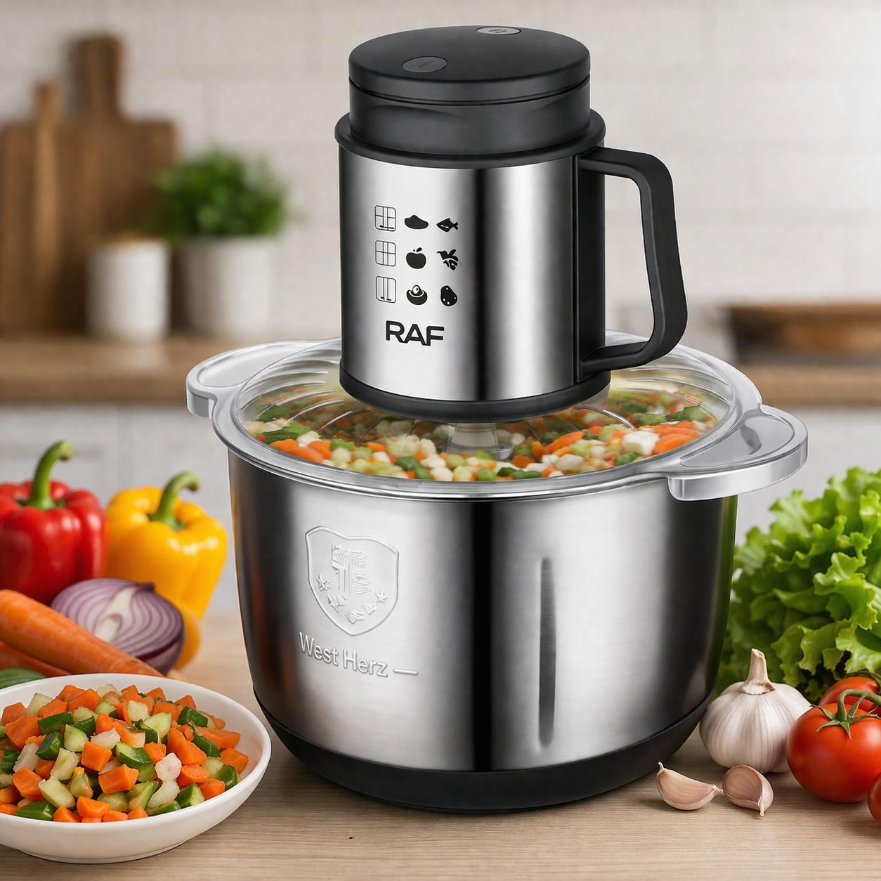 Tocator Electric RAF R.7025, 1000W, Bol Inox 5L, 2 Viteze, Lame Duble Otel Inoxidabil, Multifunctional Tocare Carne si Legume, Razuire Branza, Feliere, Maruntire Rapida, Putere Mare, Usor de Curatat, Design Profesional Bucatarie