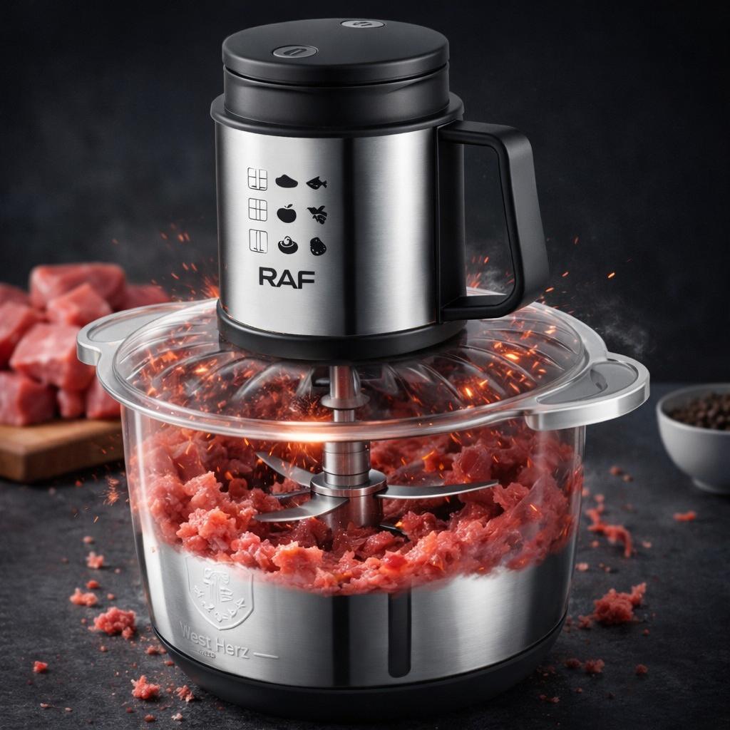 Tocator Electric RAF R.7025, 1000W, Bol Inox 5L, 2 Viteze, Lame Duble Otel Inoxidabil, Multifunctional Tocare Carne si Legume, Razuire Branza, Feliere, Maruntire Rapida, Putere Mare, Usor de Curatat, Design Profesional Bucatarie