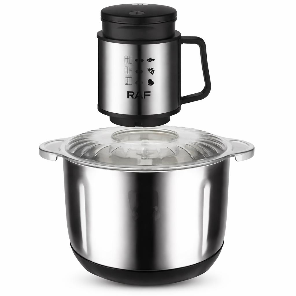 Tocator Electric RAF R.7025, 1000W, Bol Inox 5L, 2 Viteze, Lame Duble Otel Inoxidabil, Multifunctional Tocare Carne si Legume, Razuire Branza, Feliere, Maruntire Rapida, Putere Mare, Usor de Curatat, Design Profesional Bucatarie